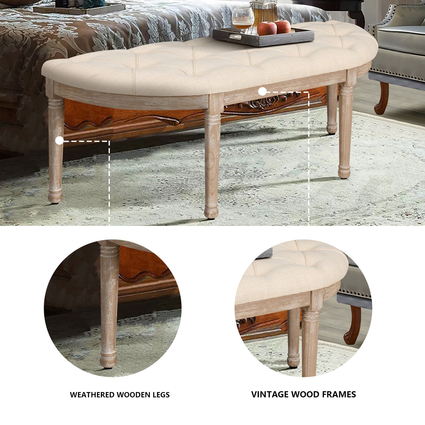 Merrick 48" Semi-Circle Entryway Bench in Beige & Natural