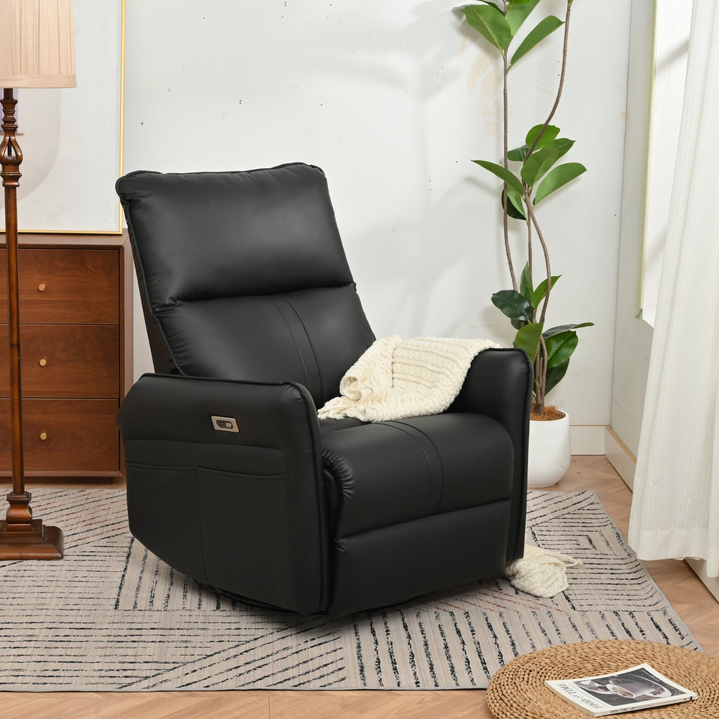 Carls PU Leather Power Swivel Rocker Recliner, Black