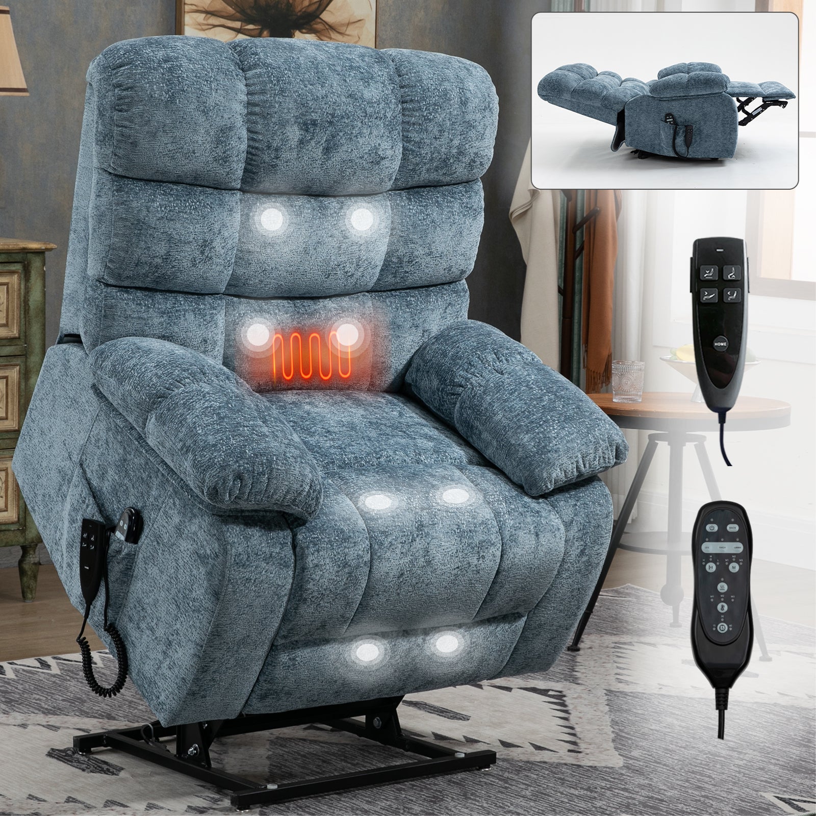 Hollis Chenille Power Lift Recliner with Massage, Blue