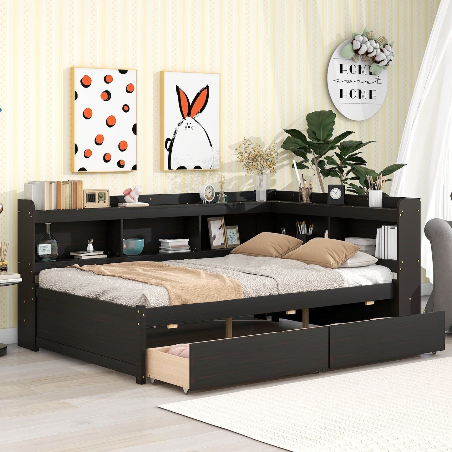 Aspen Full Size L-Shape Bookcase Bed - Espresso