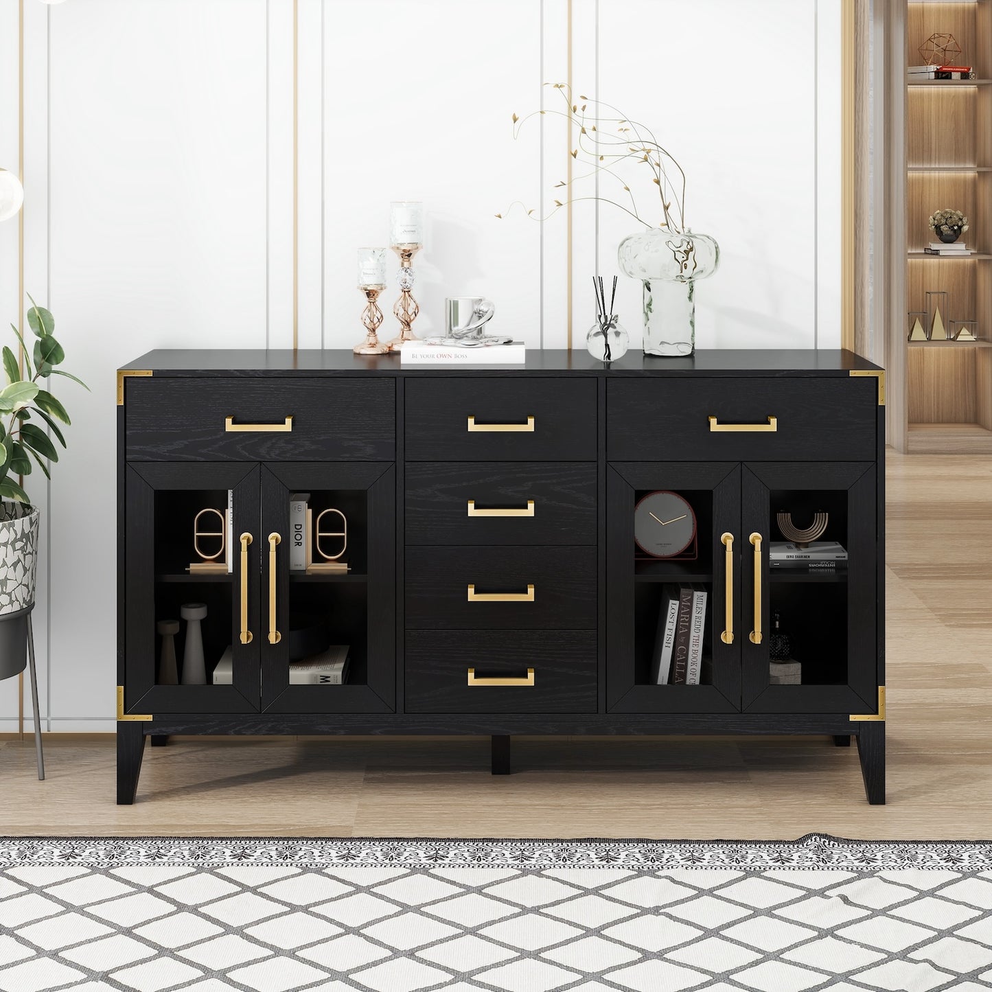 Thalassa Retro Style 6-Drawer Sideboard with Gold Handles