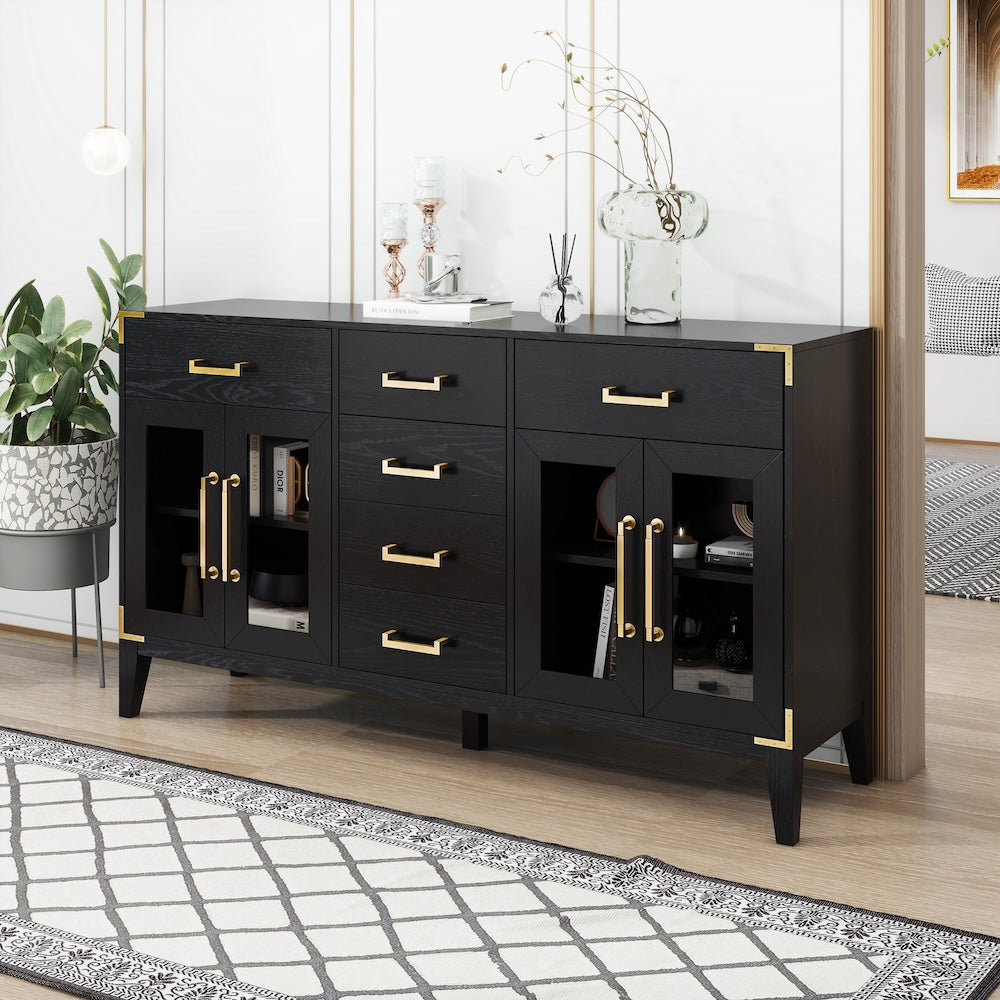 Thalassa Retro Style 6-Drawer Sideboard with Gold Handles