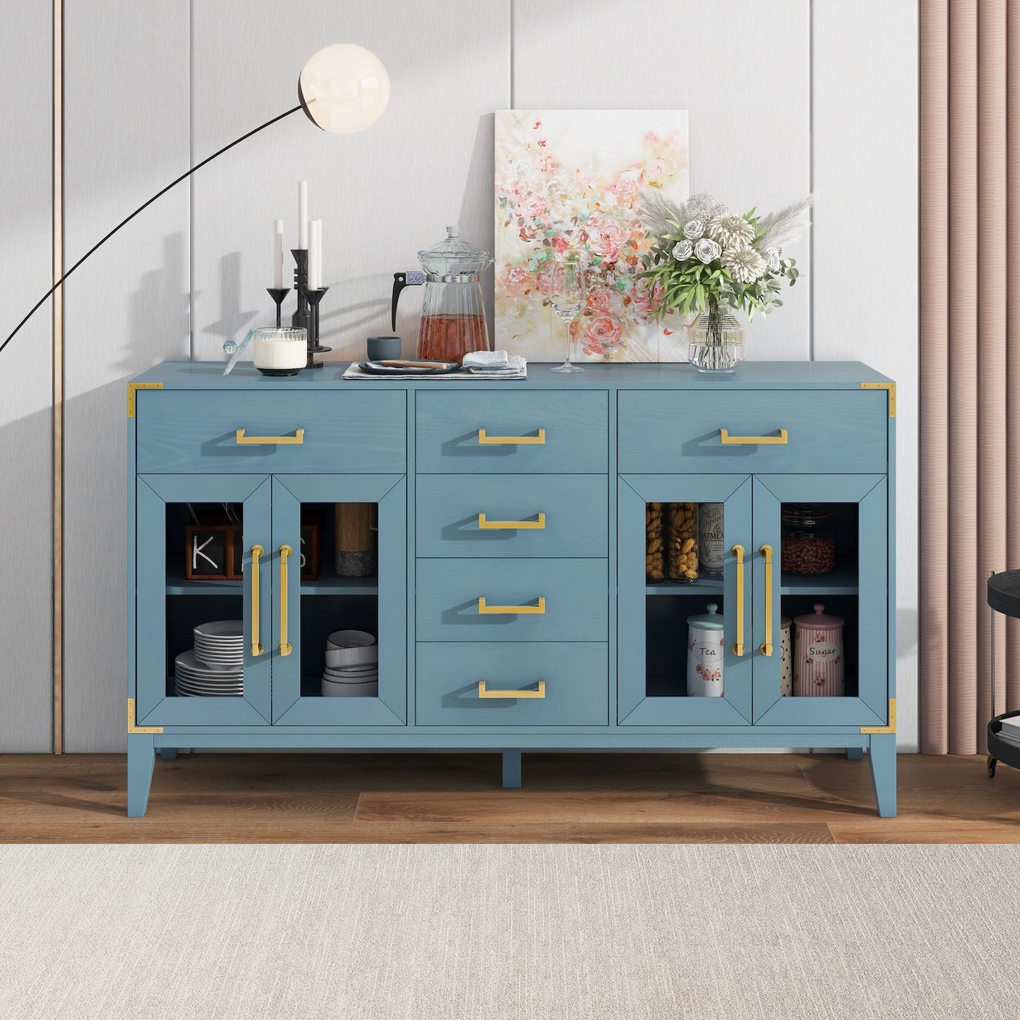 Thalassa Retro Style 6-Drawer Sideboard with Gold Handles