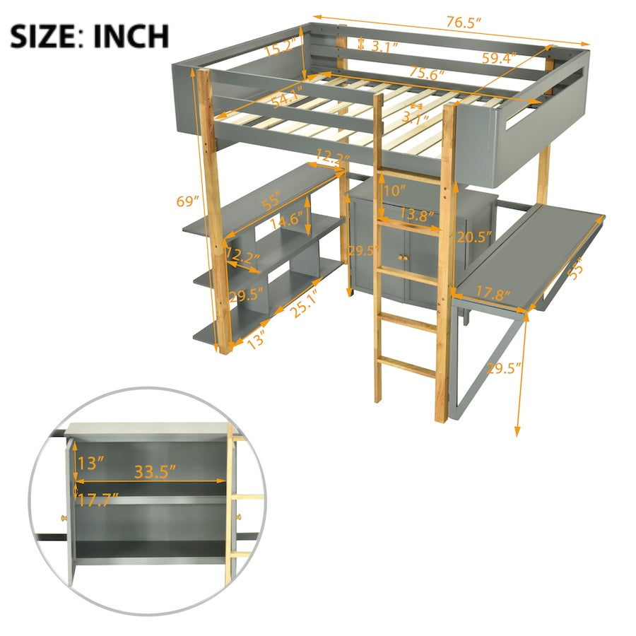 Lofton Full Size Loft Bed with Built in Storage - Gray & Natural