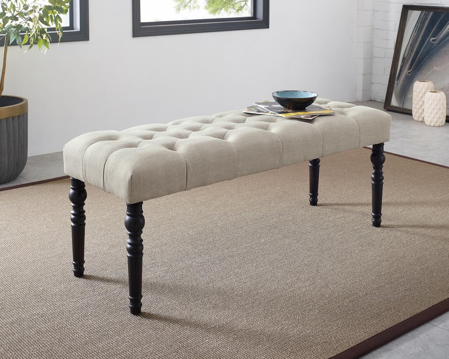 Leviton Fabric Tufted Turned Leg Dining Bench, Tan