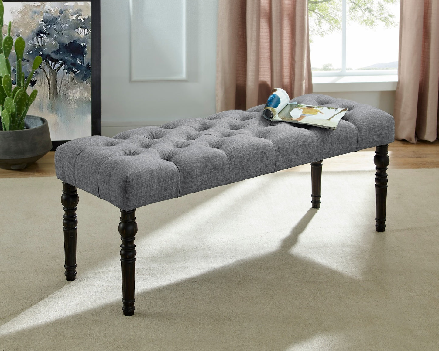 Leviton Fabric Tufted Turned Leg Dining Bench, Gray