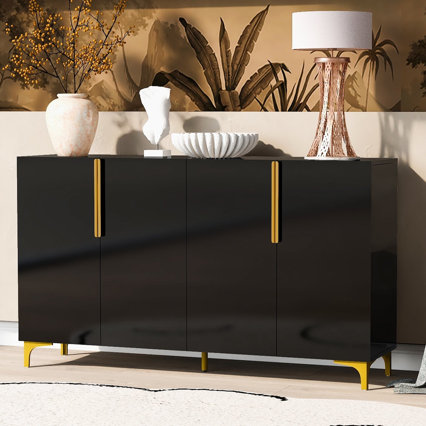 Ondine Modern High Gloss Accent Cabinet with Golden Handles