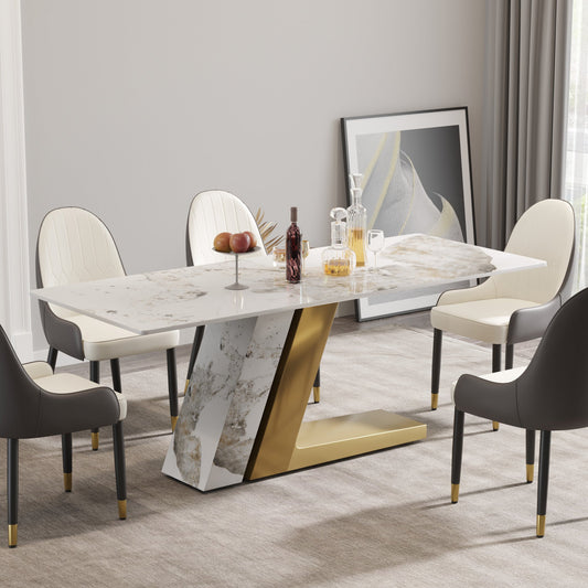 Delphine 78.8" Sintered Stone Dining Table, White & Gold