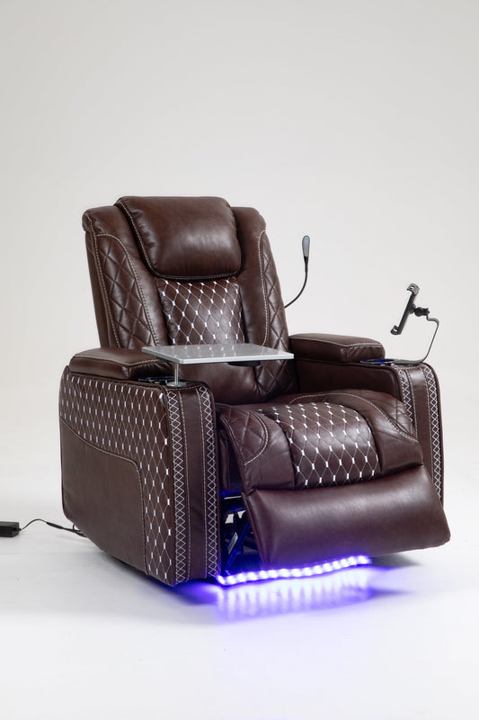 Marcelline Zero Gravity PU Leather Power Theater Recliner with Laptop & Phone Holder, Brown