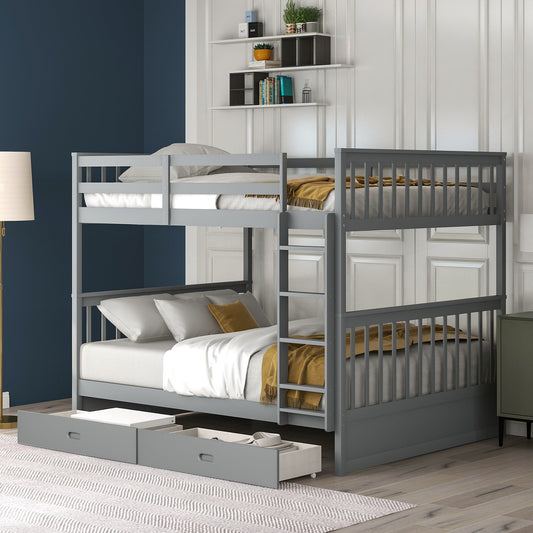 Full-Over-Full Bunk Bed with Ladders and Two Storage Drawers (Gray)