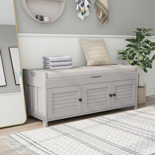 Drea Storage Bench with 3 Shutter-shaped Doors, Shoe Bench with Removable Cushion and Hidden Storage Space, Gray Wash