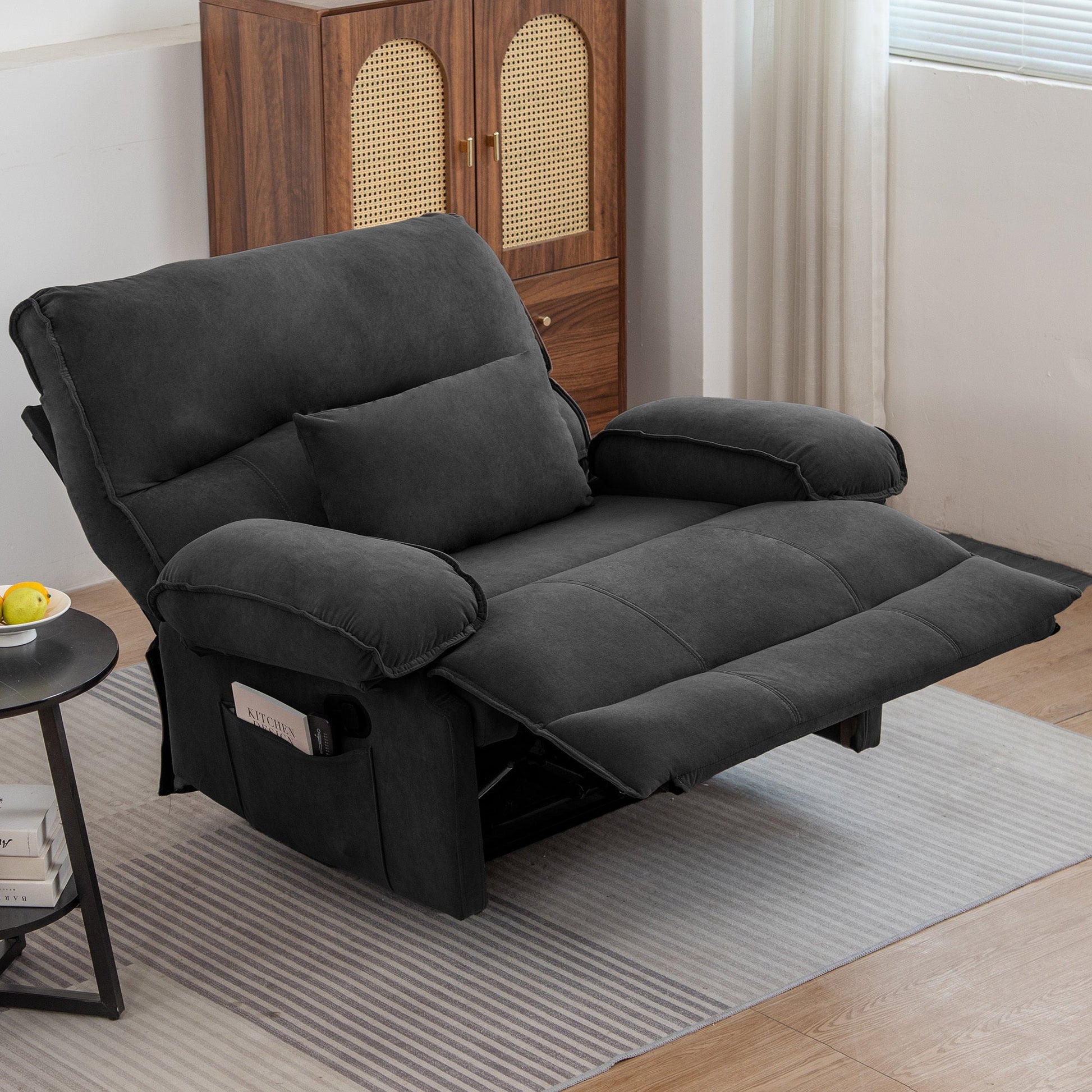 Belton Transitional Oversize Velvet Recliner with Pillow Arm, Dark Gray