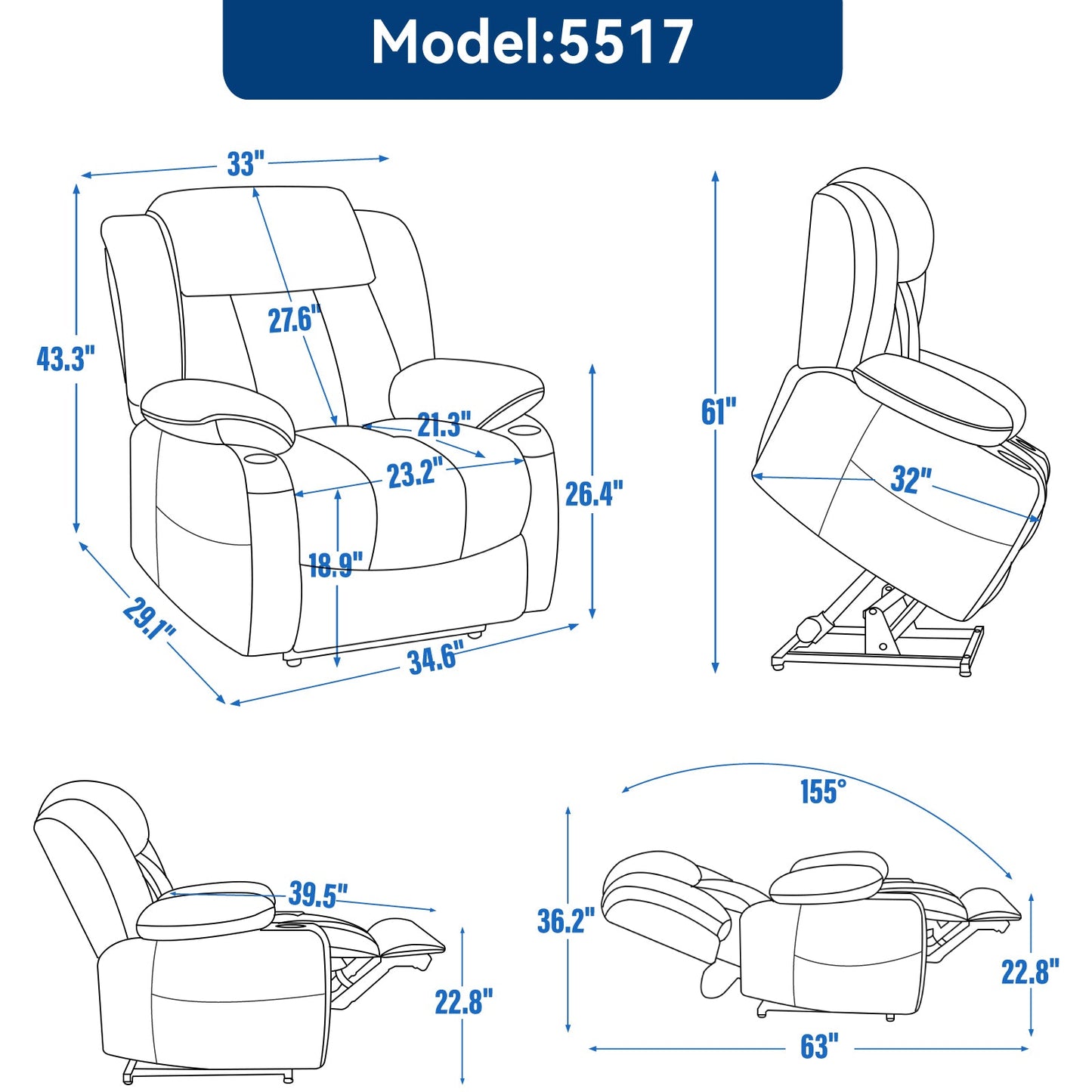 Bexley Chenille Power Lift Recliner with 8-Point Massage & Heat, Blue