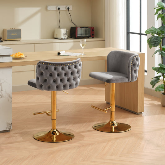 Junia Velvet Tufted Adjustable Height Bar Stools (Set of 2) Gray