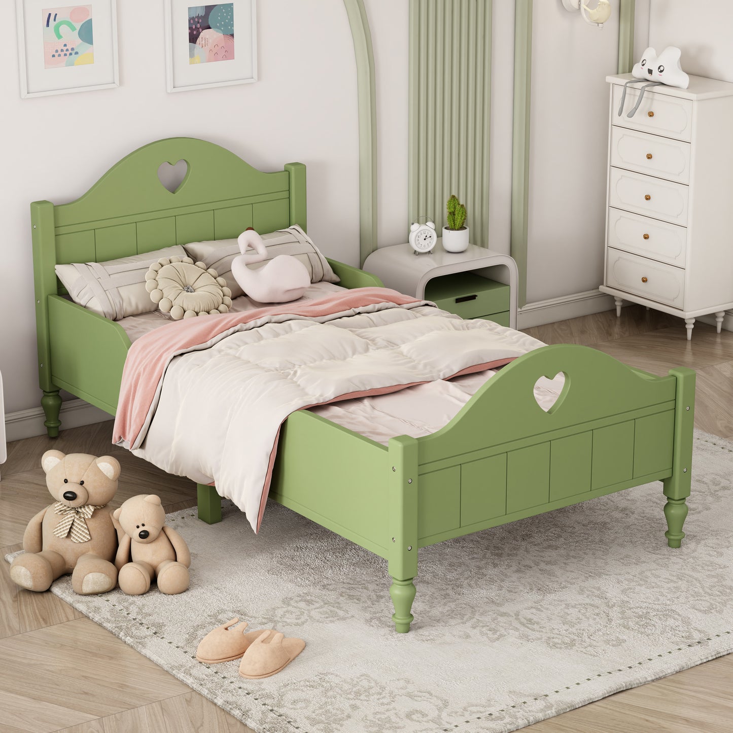 Macaron Twin Size Toddler Bed with Side Safety Rails - Olive Green