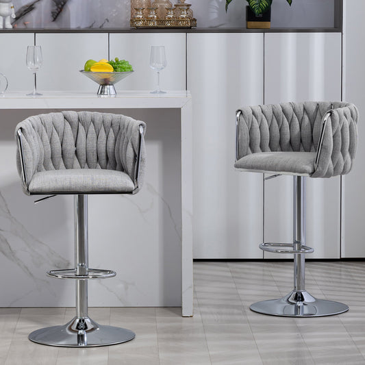 Stylish Gray Fabric 360 Swivel Bar Stools with Woven Back and Adjustable Height Set of 2 Grey