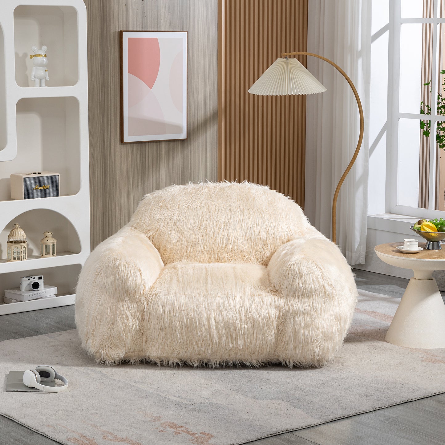 Dashiell Ultra Plush Faux Fur Beanbag Chair, Beige