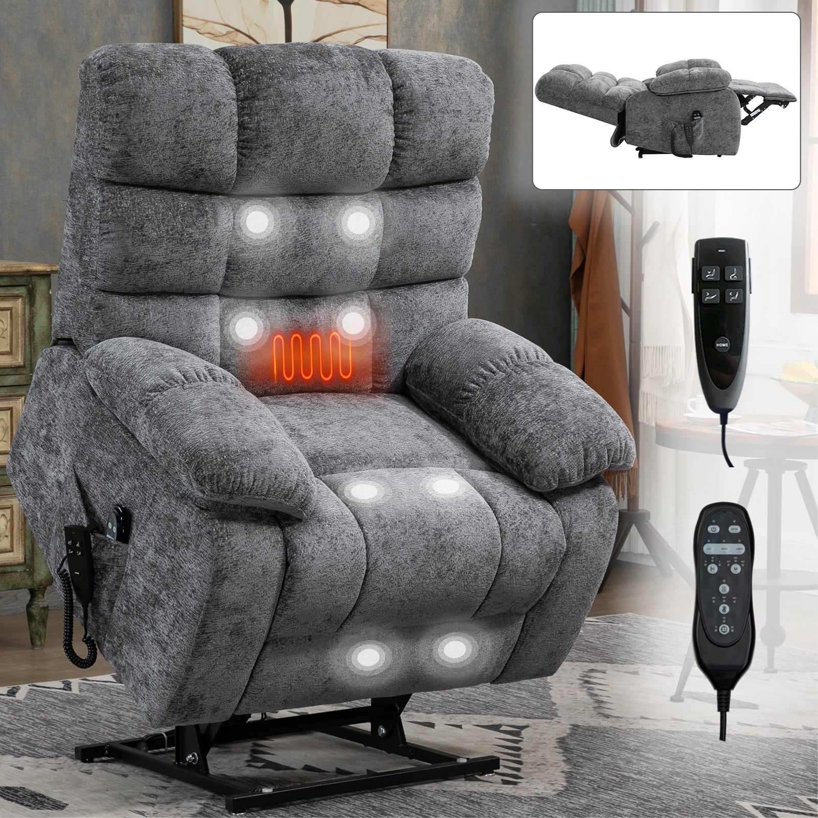 Hollis Chenille Power Lift Recliner with Massage, Gray