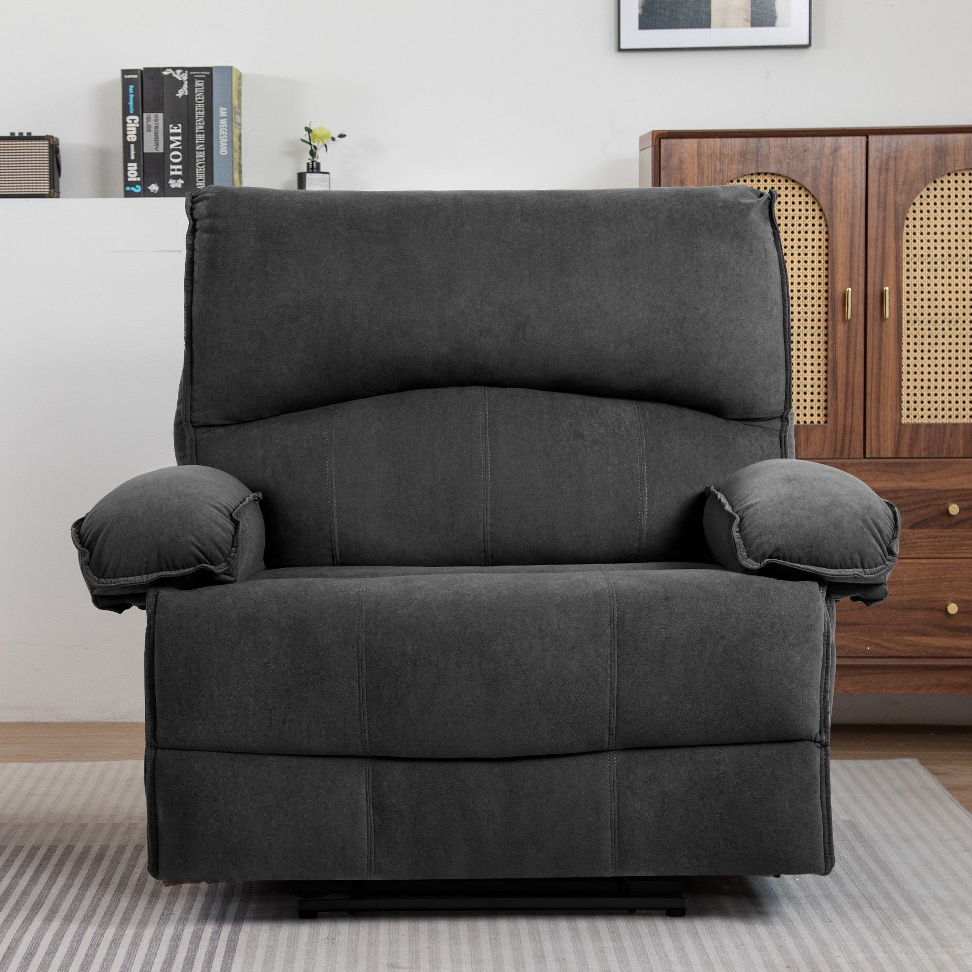 Belton Transitional Oversize Velvet Recliner with Pillow Arm, Dark Gray