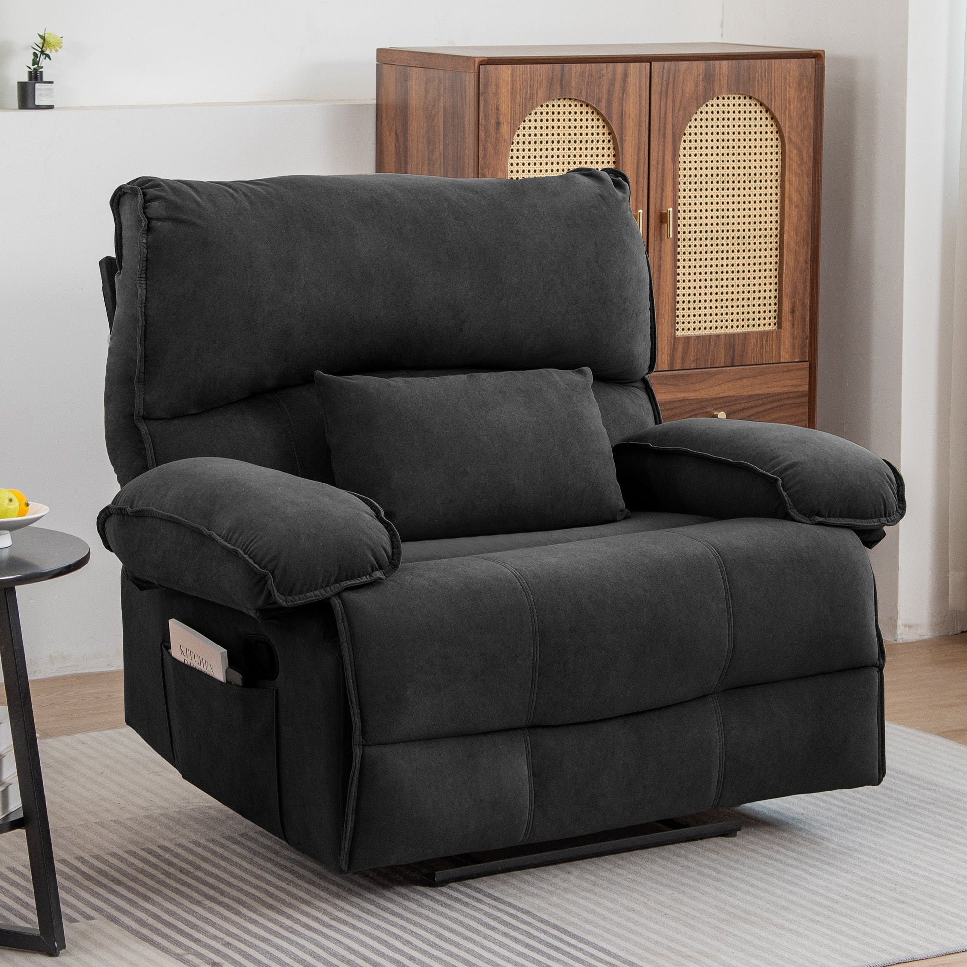 Belton Transitional Oversize Velvet Recliner with Pillow Arm, Dark Gray