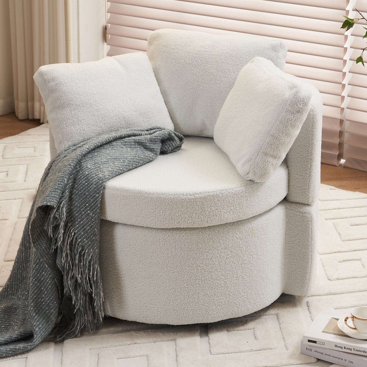 Tilly Teddy Fabric Akili Swivel Chair with Storage - Ivory