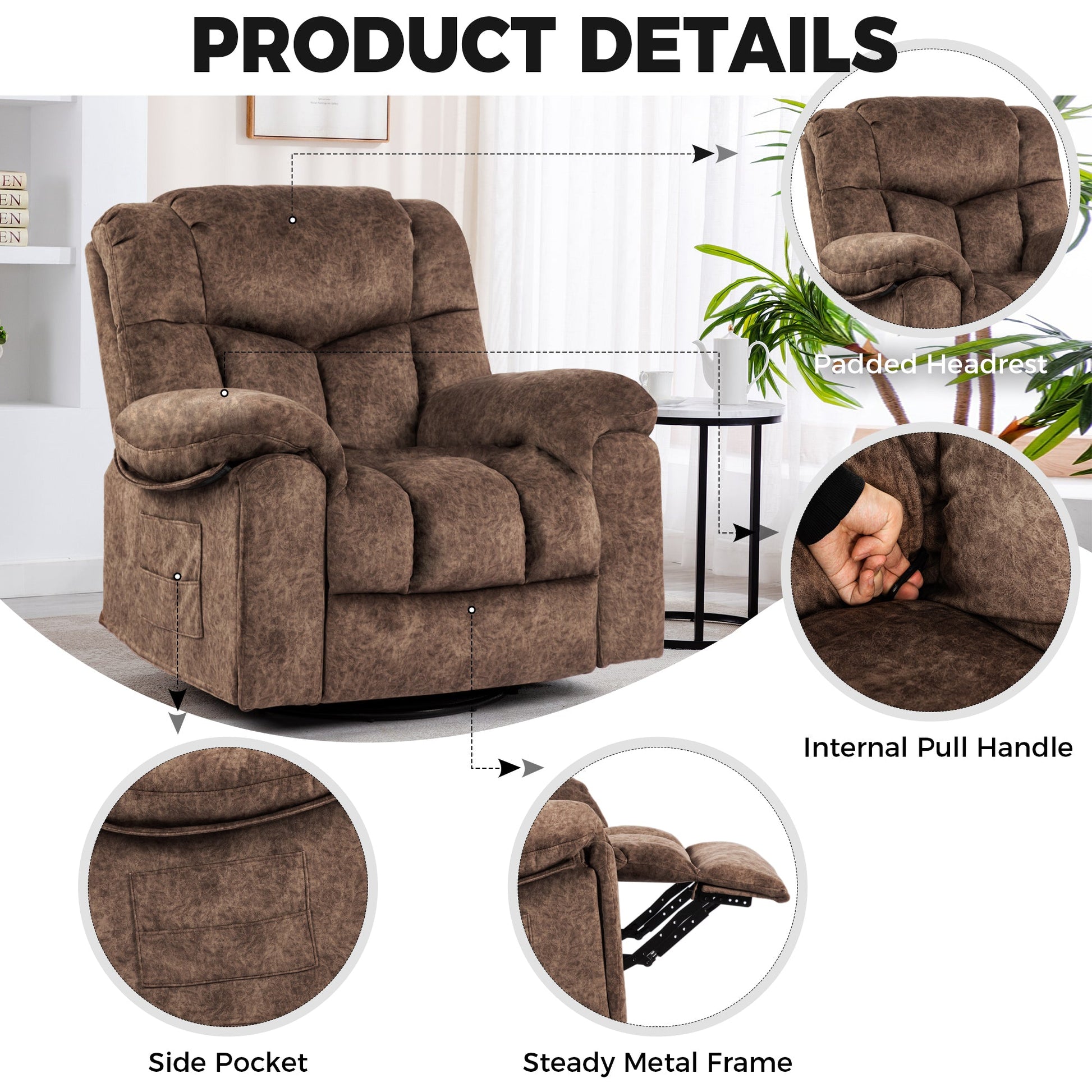 Brant Manual Velvet Rocker Recliner with Massage, Brown