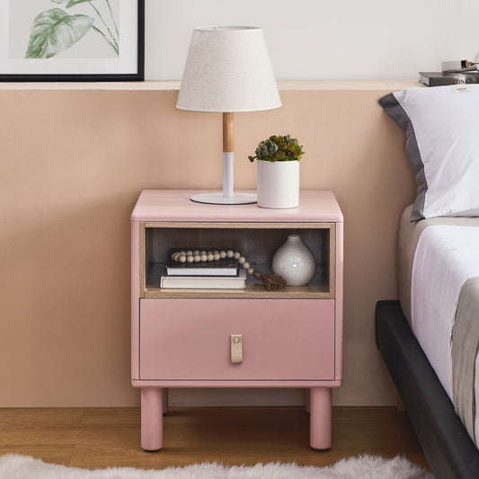 Lillian Single-Drawer Wooden Nightstand with Leather Pull Handle, Pink