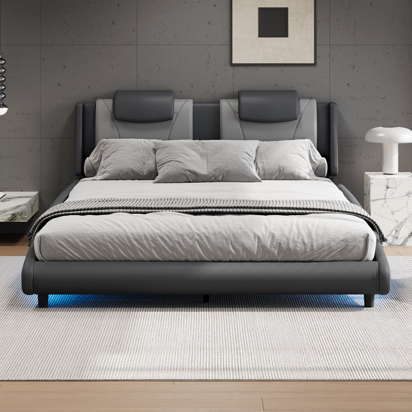 Solace Modern Faux Leather Full Platform Bed with LED Lighting