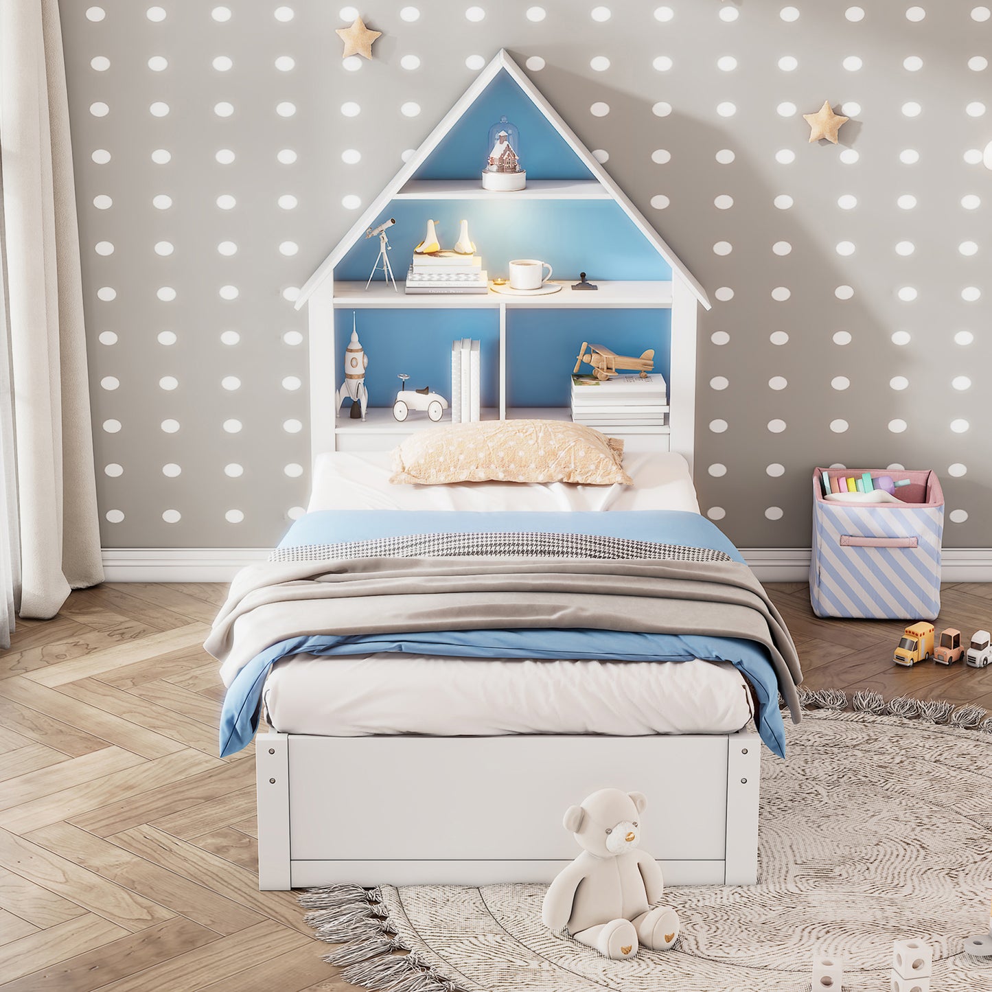 Charlotte Twin Size House Bed with Twin Size Trundle - Blue & White