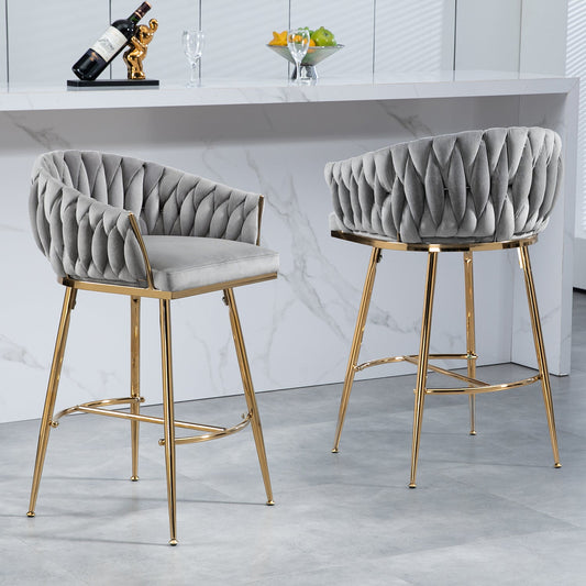 Elegant Velvet 26'' Counter Height Bar Stool with Hand-Wave Back and Golden Chrome Base Set of 2 Grey