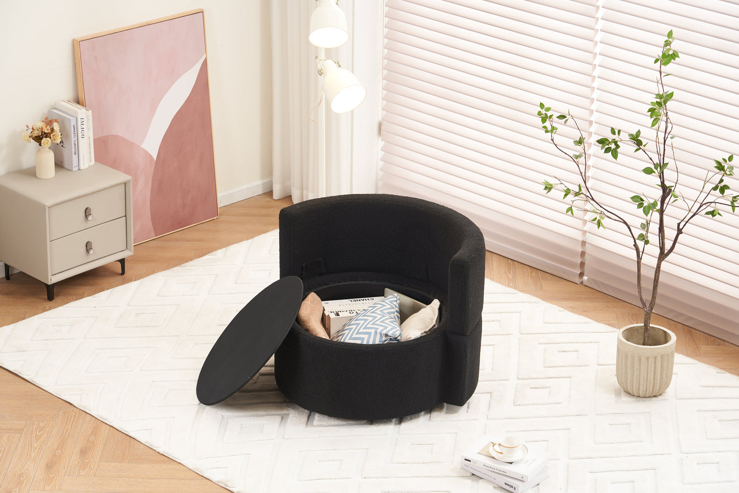 Tilly Teddy Fabric Akili Swivel Chair with Storage - Black