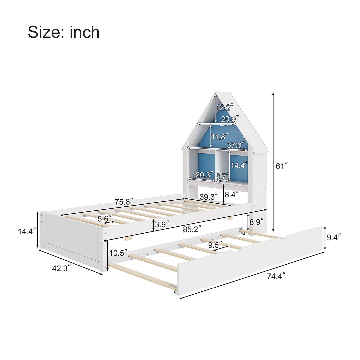 Charlotte Twin Size House Bed with Twin Size Trundle - Blue & White