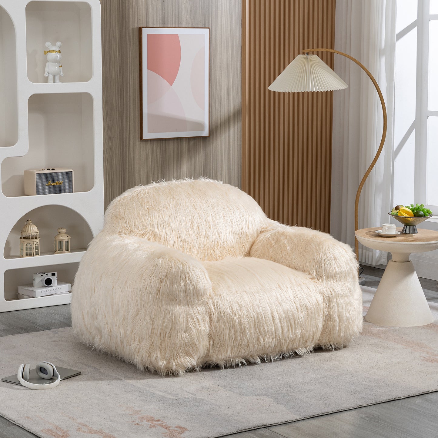 Dashiell Ultra Plush Faux Fur Beanbag Chair, Beige