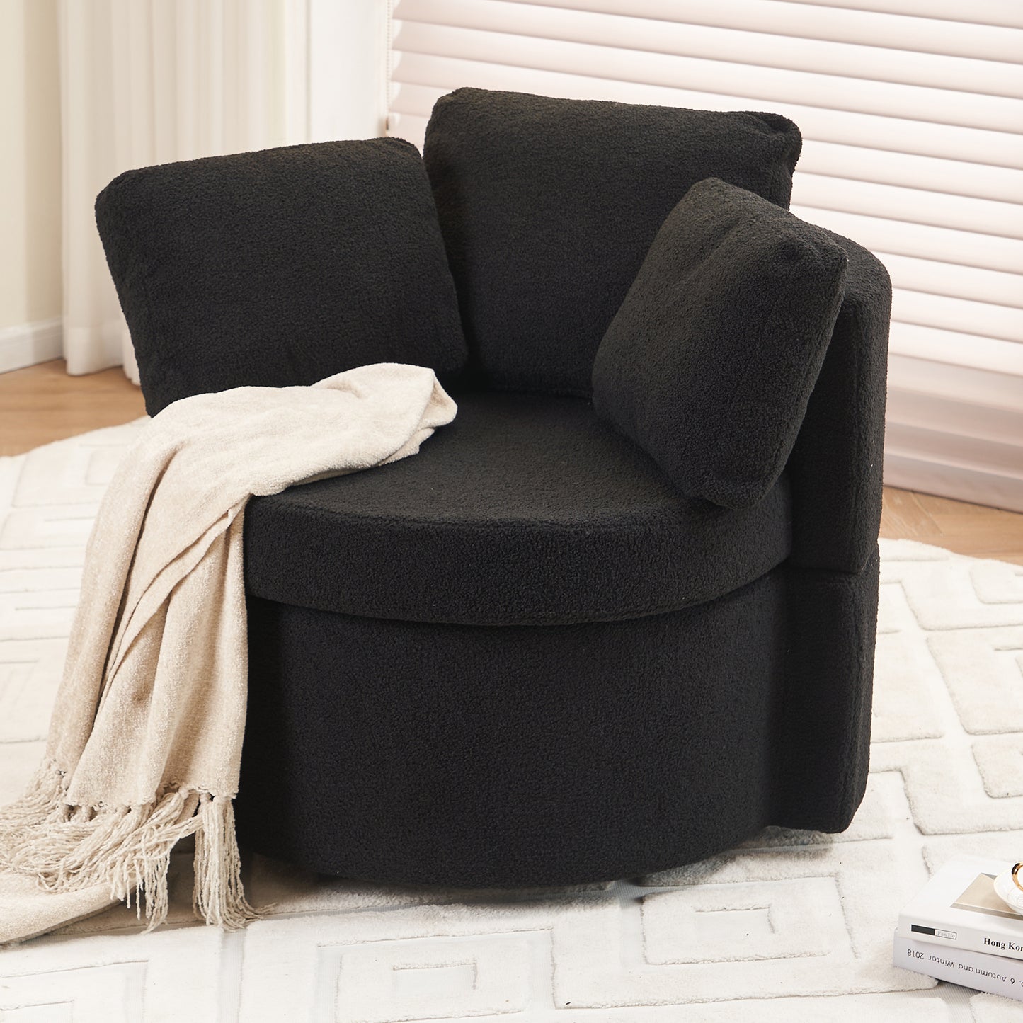 Tilly Teddy Fabric Akili Swivel Chair with Storage - Black