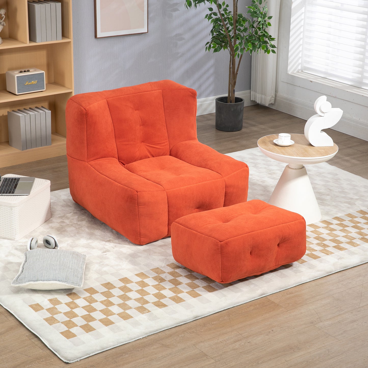 Halston 2-Piece Velvet Bean Bag Chair & Ottoman, Orange