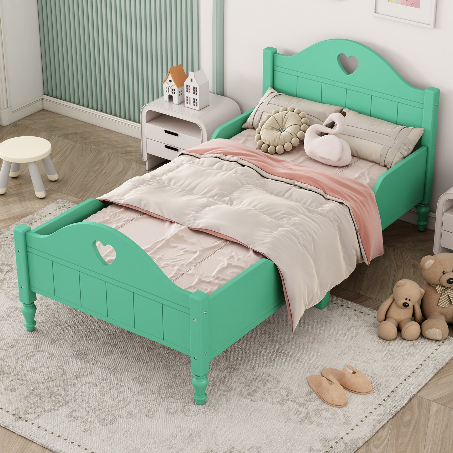 Macaron Twin Size Toddler Bed with Side Safety Rails - Seasoft Green