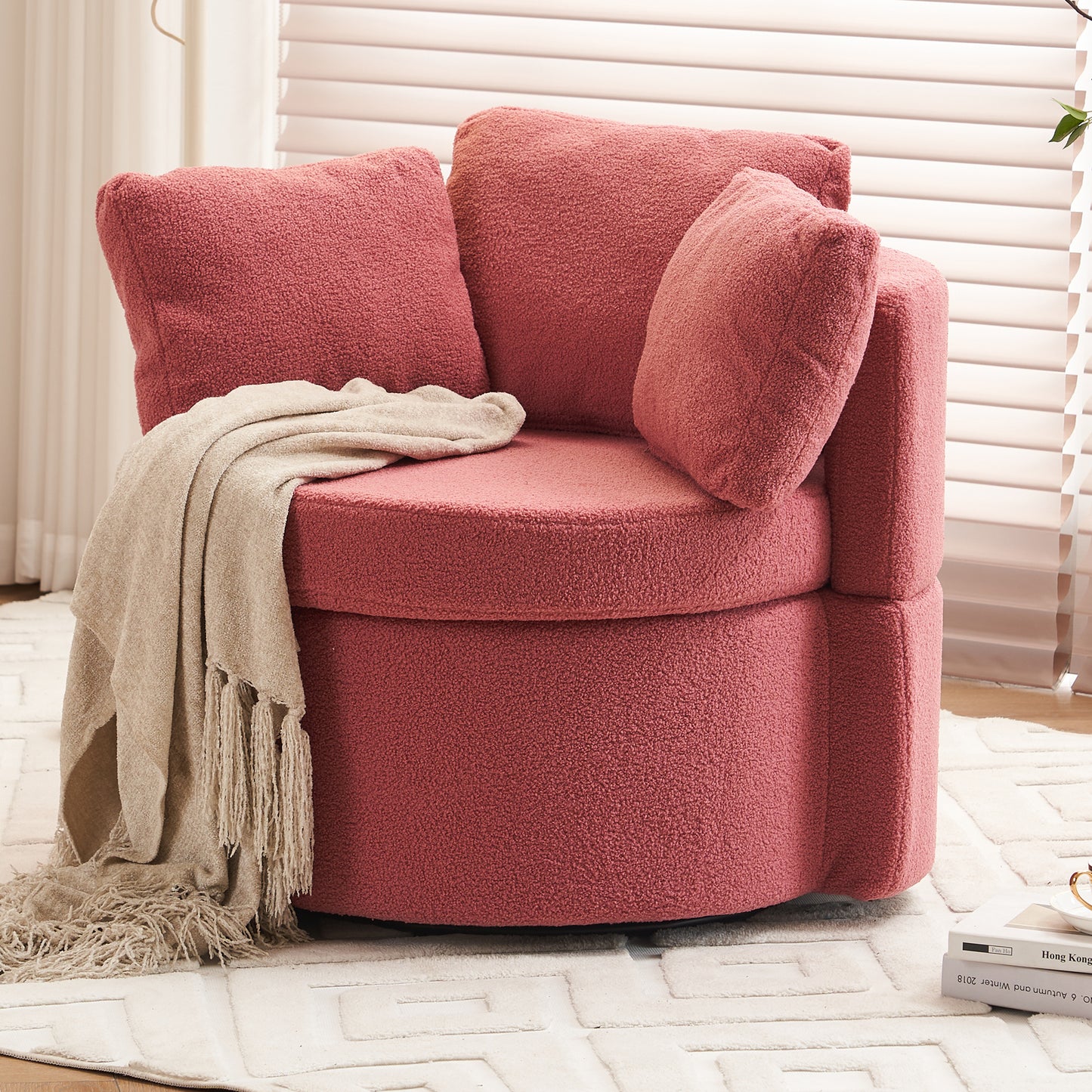 Tilly Teddy Fabric Akili Swivel Chair with Storage - Dark Pink