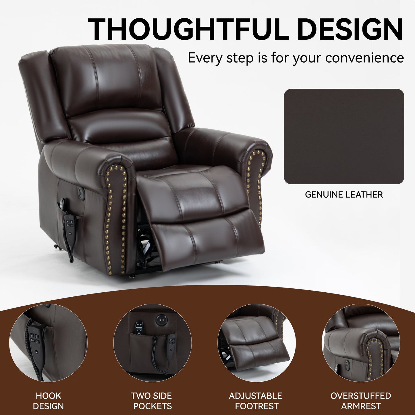 Indra Genuine Leather Power Lift Recliner with Head & Massage, Brown