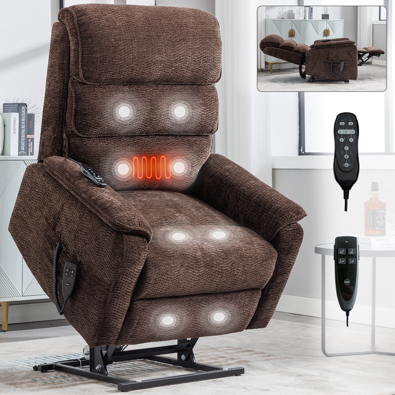 Solene Power Lift Recliner with Head & Massage, Brown Chenille