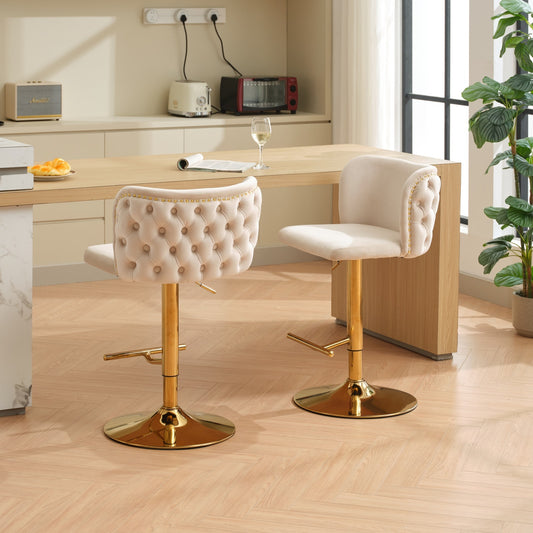 Junia Velvet Tufted Adjustable Height Bar Stools (Set of 2) Beige