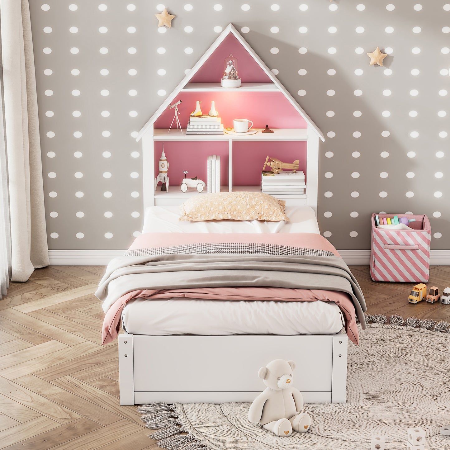 Charlotte Twin Size House Bed with Twin Size Trundle - Pink & White