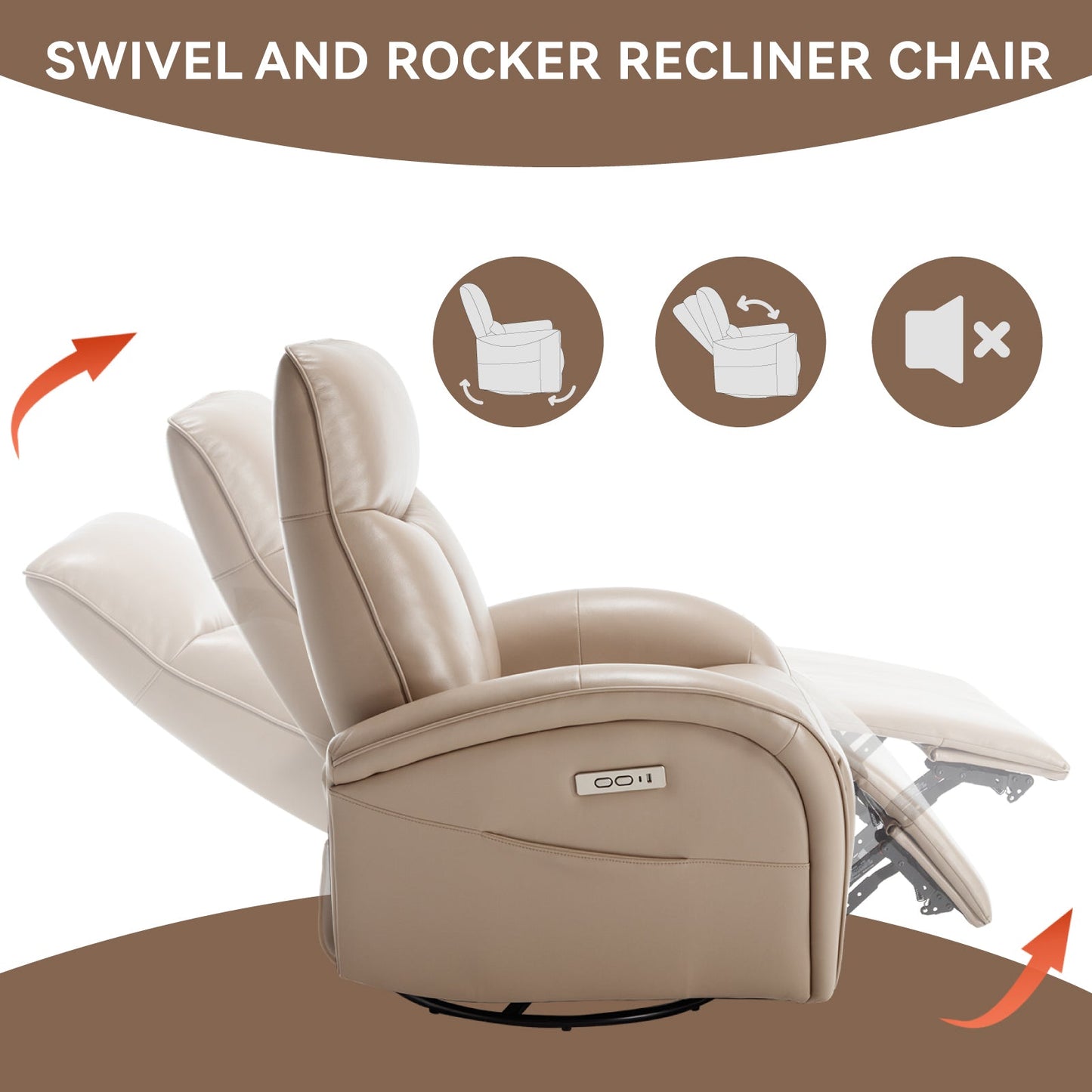 Stellen Faux Leather Power Recliner with Lumbar Support, Light Brown