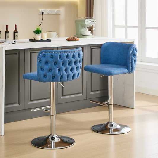 A&A Furniture Stylish Comfort Adjustable Swivel Barstools with Chrome Base & Tufted Faux Leather Set of 2 Blue