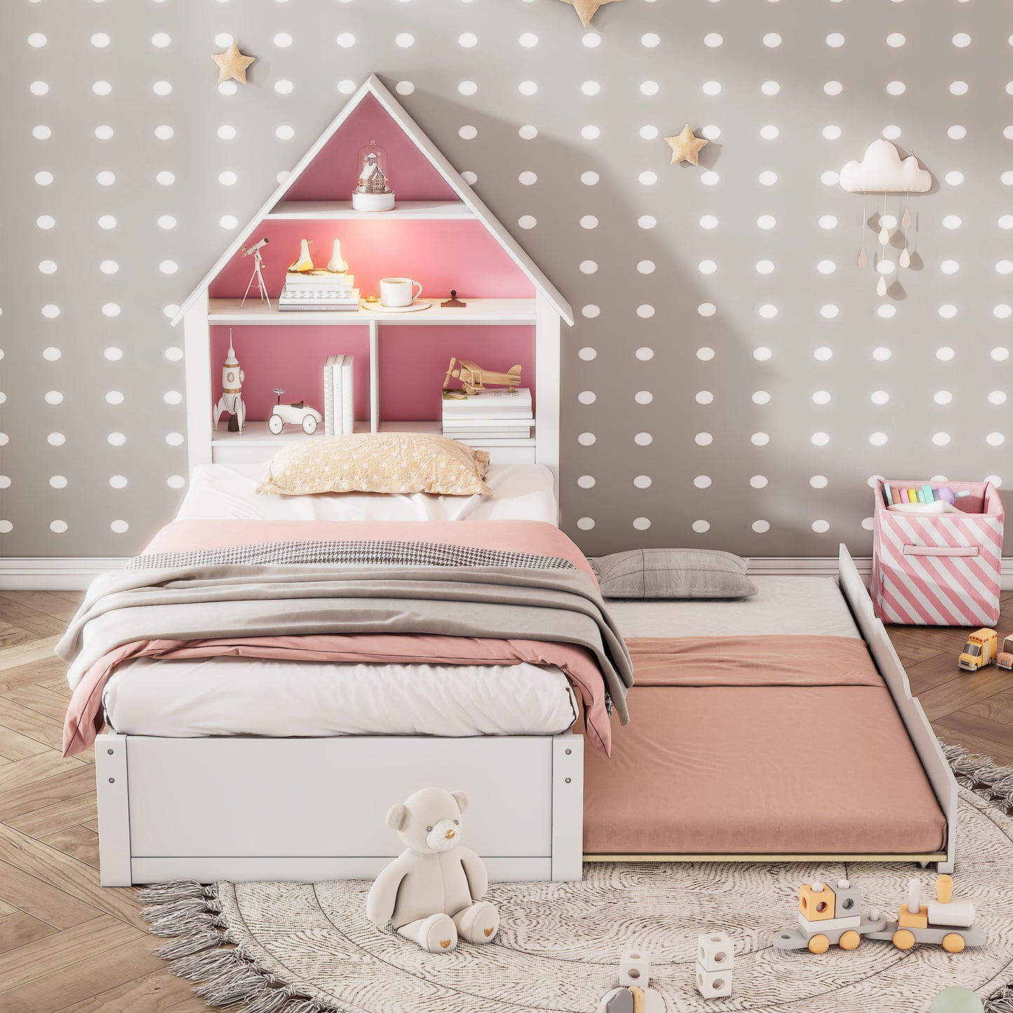 Charlotte Twin Size House Bed with Twin Size Trundle - Pink & White