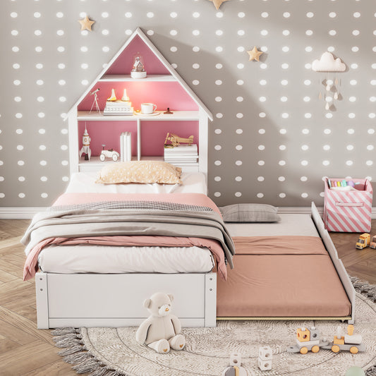 Charlotte Twin Size House Bed with Twin Size Trundle - Pink & White