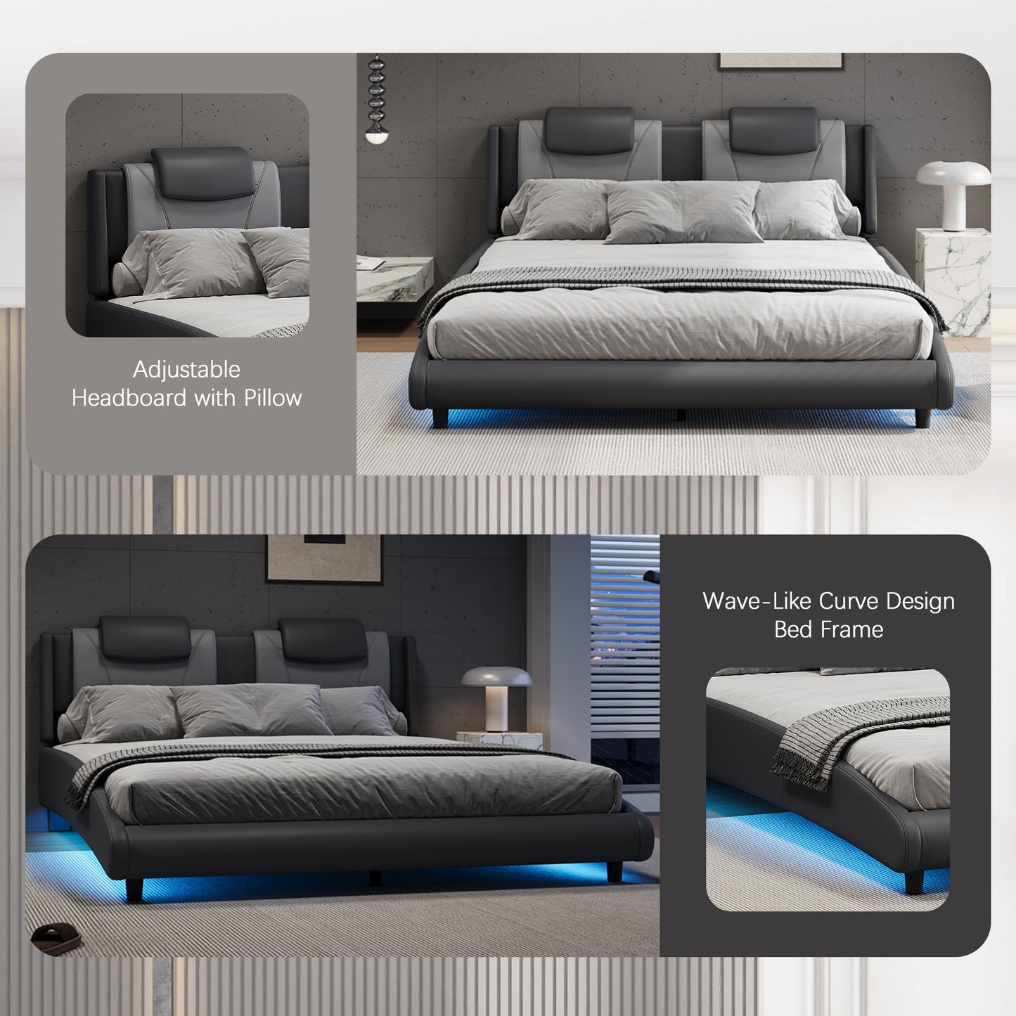 Solace Modern Faux Leather Full Platform Bed with LED Lighting