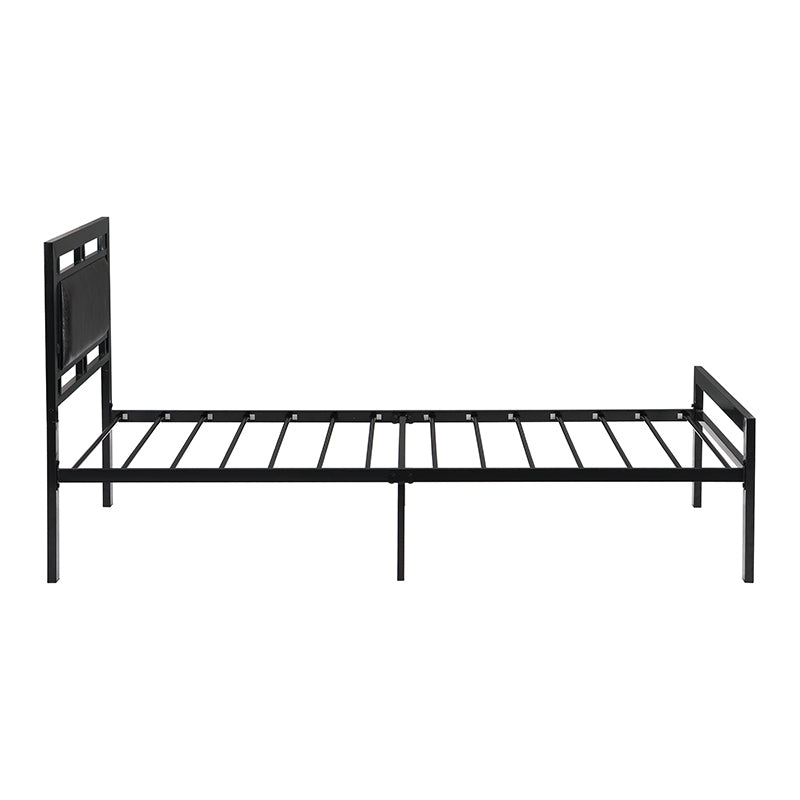 Twin Size Black Metal Platform Bed with Faux Leather Headboard