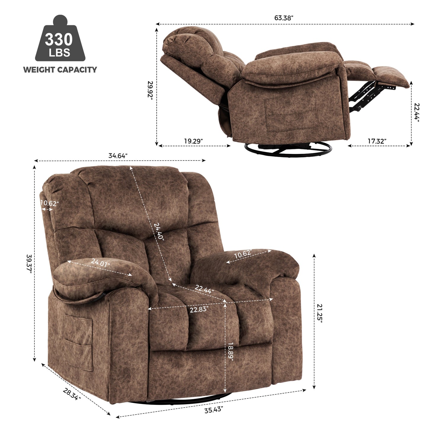 Brant Manual Velvet Rocker Recliner with Massage, Brown