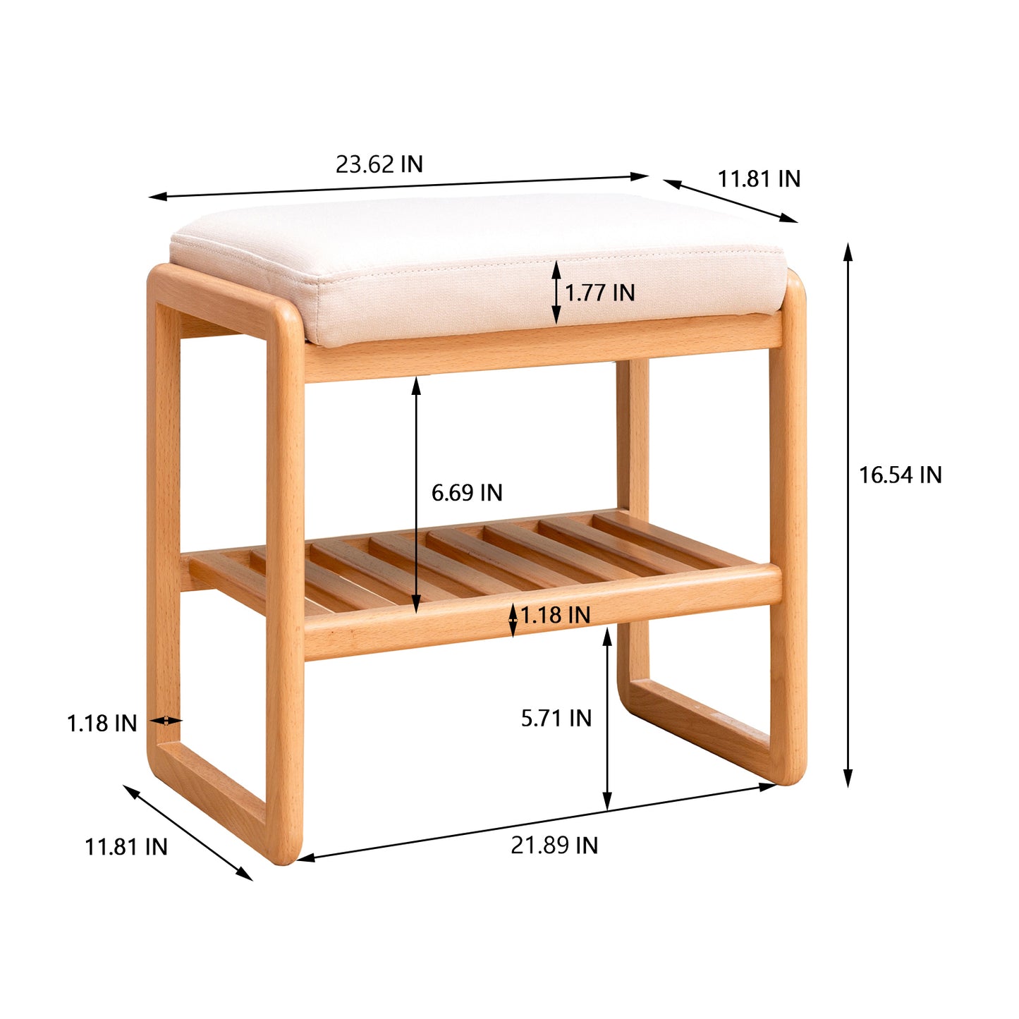 Natural Solid Wood Shoe Bench, Beech Wood Storage Rack Organizer