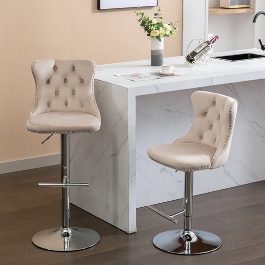 Prudence Velvet Adjustable Height Bar Stools (Set of 2) Beige